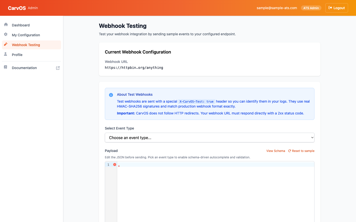 Webhook Testing page with current webhook configuration, event type selector, payload editor, and send button