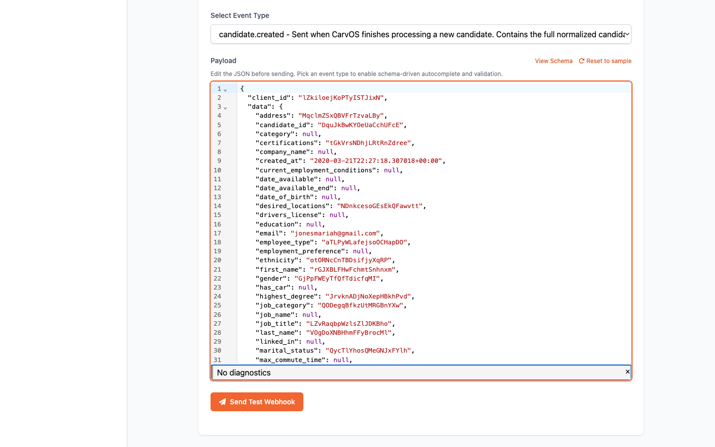 Webhook Testing page showing the event type dropdown with candidate.created selected and the editor auto-populated with a sample payload